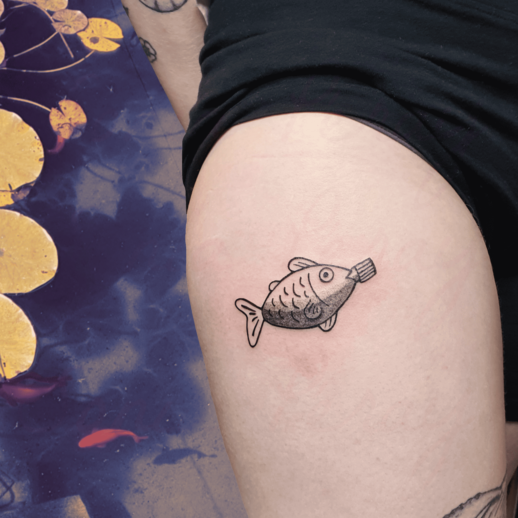 Tatouage en noir d'une petite bouteille de soja en forme de poisson pour les sushis